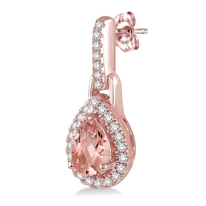 6x4 MM Pear Shape Morganite and 1/5 Ctw Round Cut Diamond Earrings in 10K Rose Gold