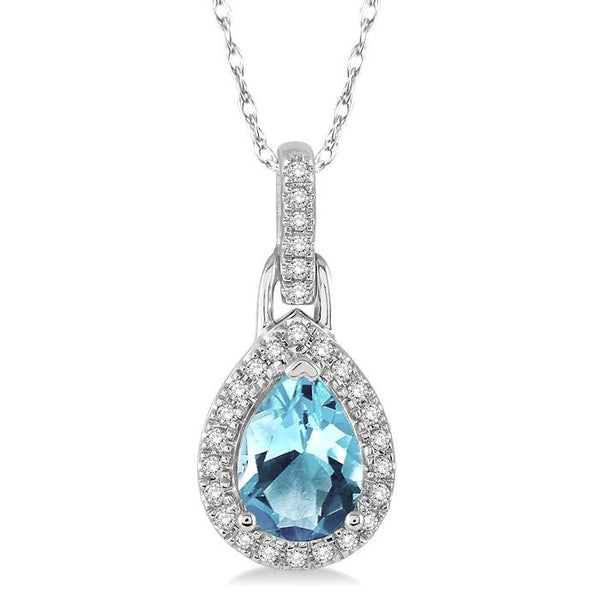 7x5 MM Pear Shape Aquamarine and 1/10 Ctw Round Cut Diamond Pendant in 10K White Gold with Chain