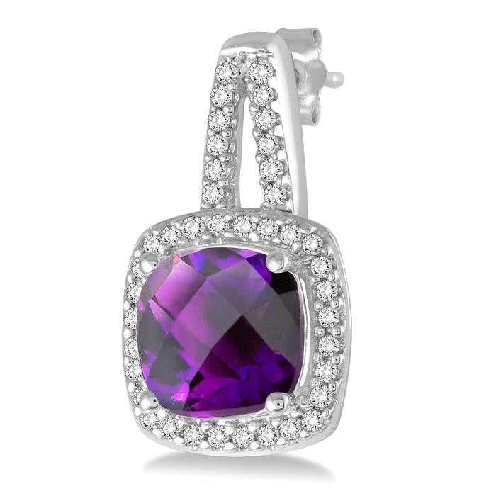 7x7 MM Cushion Shape Amethyst and 1/4 Ctw Round Cut Diamond Earrings in 10K White Gold