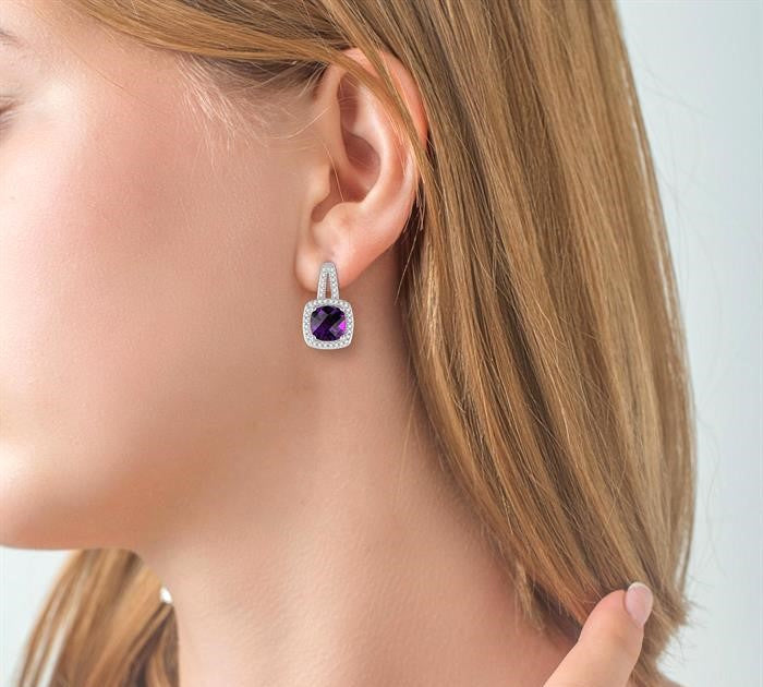 7x7 MM Cushion Shape Amethyst and 1/4 Ctw Round Cut Diamond Earrings in 10K White Gold