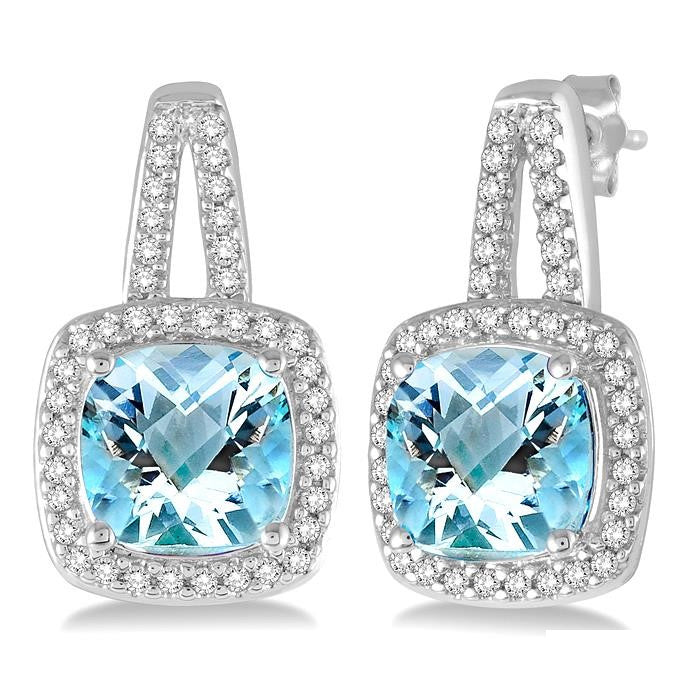 7x7 MM Cushion Shape Aquamarine and 1/4 Ctw Round Cut Diamond Earrings in 10K White Gold