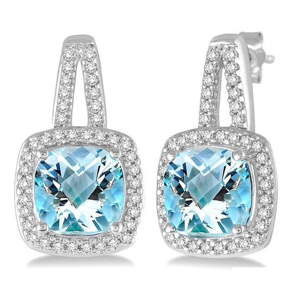 7x7 MM Cushion Shape Aquamarine and 1/4 Ctw Round Cut Diamond Earrings in 10K White Gold