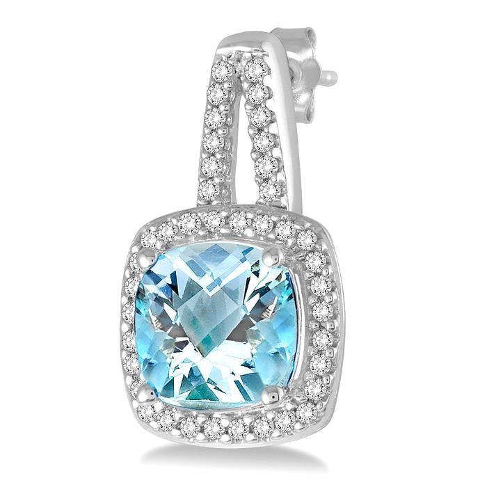 7x7 MM Cushion Shape Aquamarine and 1/4 Ctw Round Cut Diamond Earrings in 10K White Gold