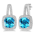 7X7 MM Cushion Shape Blue Topaz and 1/4 Ctw Round Cut Diamond Earrings in 10K White Gold