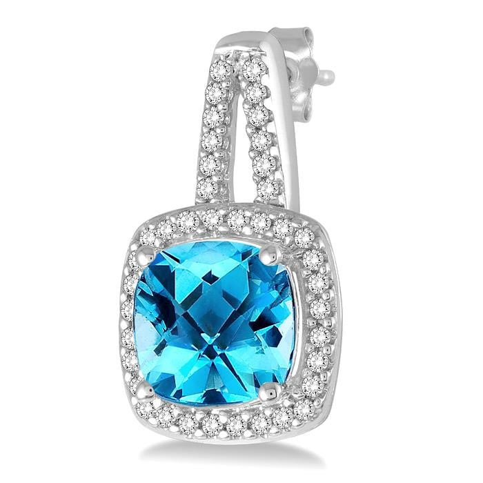 7X7 MM Cushion Shape Blue Topaz and 1/4 Ctw Round Cut Diamond Earrings in 10K White Gold