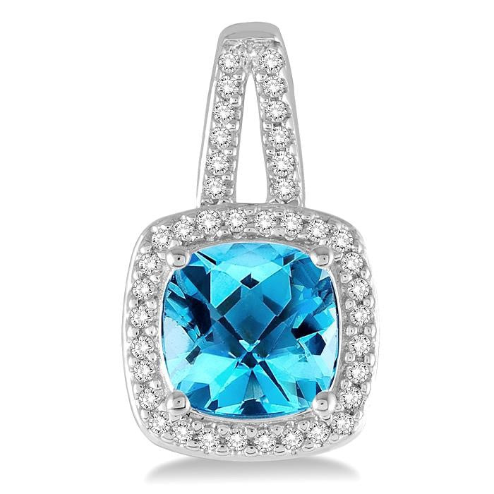 7X7 MM Cushion Shape Blue Topaz and 1/4 Ctw Round Cut Diamond Earrings in 10K White Gold
