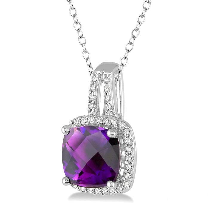 Cushion Shape Amethyst and 1/5 Ctw Round Cut Diamond Pendant in 10K White Gold with Chain