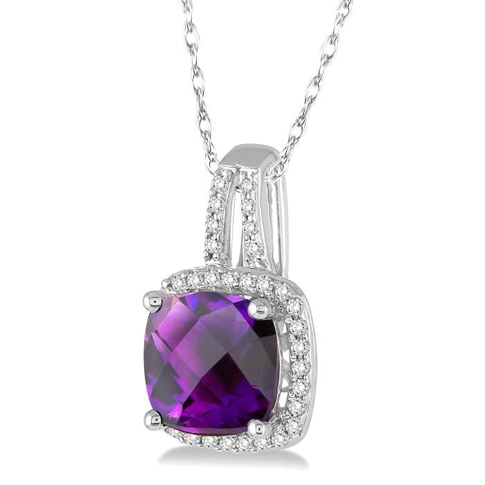 Cushion Shape Amethyst and 1/5 Ctw Round Cut Diamond Pendant in 10K White Gold with Chain