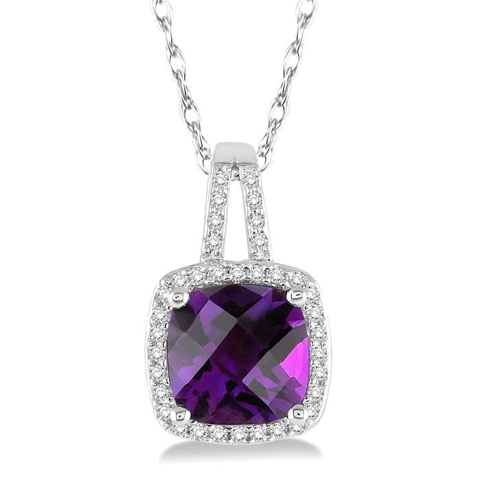 Cushion Shape Amethyst and 1/5 Ctw Round Cut Diamond Pendant in 10K White Gold with Chain