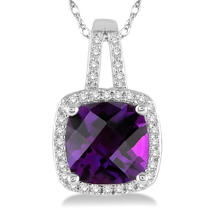 Cushion Shape Amethyst and 1/5 Ctw Round Cut Diamond Pendant in 10K White Gold with Chain