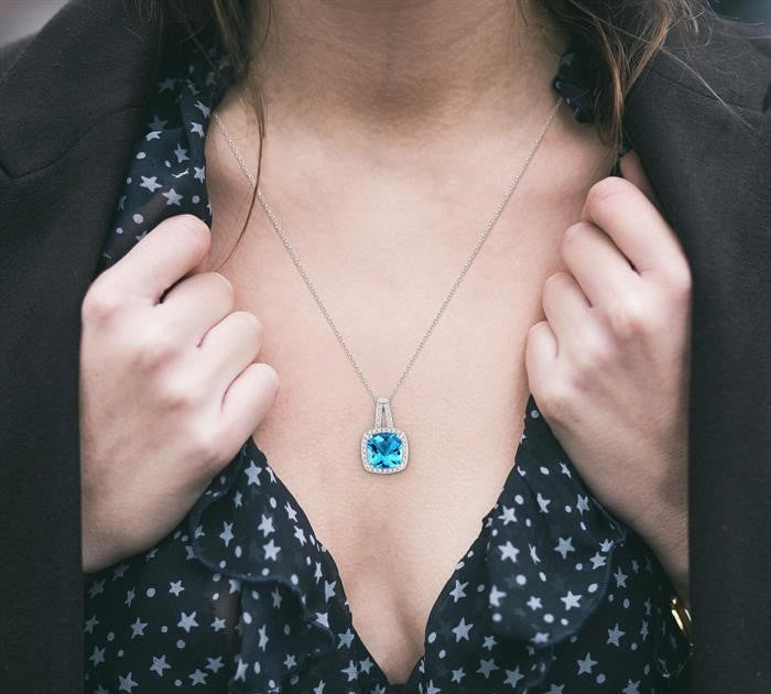 8x8 MM Cushion Shape Blue Topaz and 1/5 Ctw Round Cut Diamond Pendant in 10K White Gold with Chain