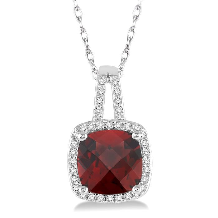 8x8 MM Cushion Shape Garnet and 1/5 Ctw Round Cut Diamond Pendant in 10K White Gold with Chain