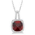 8x8 MM Cushion Shape Garnet and 1/5 Ctw Round Cut Diamond Pendant in 10K White Gold with Chain