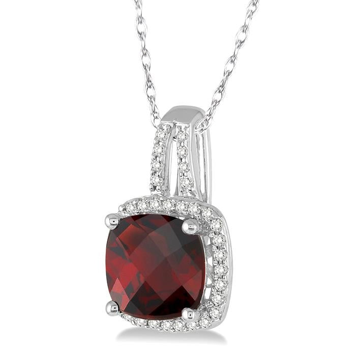 8x8 MM Cushion Shape Garnet and 1/5 Ctw Round Cut Diamond Pendant in 10K White Gold with Chain