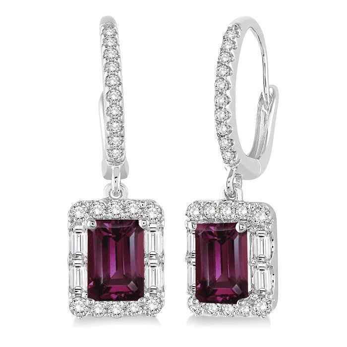 6x4 MM Emerald Cut Rhodolite Garnet and 5/8 Ctw Diamond Semi-Precious Earrings in 14K White Gold