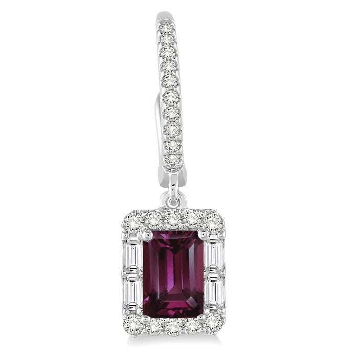 6x4 MM Emerald Cut Rhodolite Garnet and 5/8 Ctw Diamond Semi-Precious Earrings in 14K White Gold