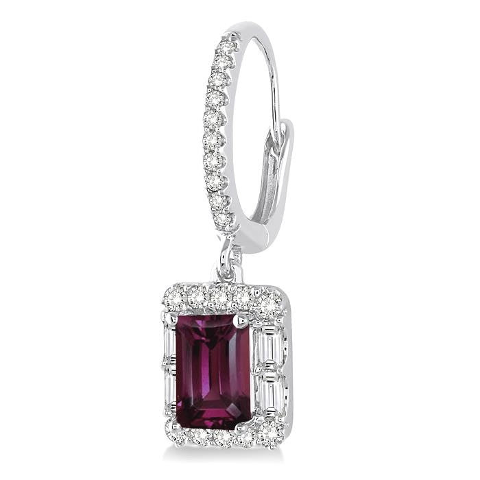 6x4 MM Emerald Cut Rhodolite Garnet and 5/8 Ctw Diamond Semi-Precious Earrings in 14K White Gold