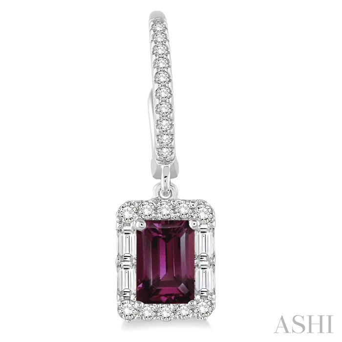 6x4 MM Emerald Cut Rhodolite Garnet and 5/8 Ctw Diamond Semi-Precious Earrings in 14K White Gold