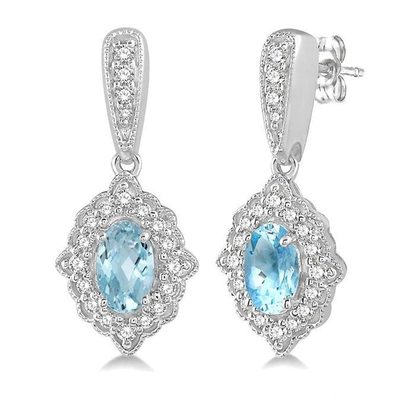 5x3 MM Oval Shape Aquamarine and 1/4 Ctw Round Cut Diamond Semi-Precious Earrings in 10K White Gold