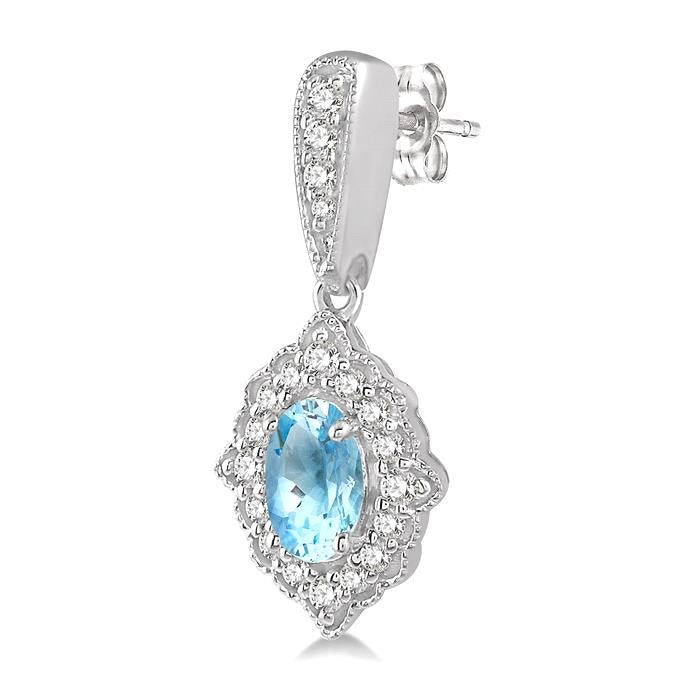 5x3 MM Oval Shape Aquamarine and 1/4 Ctw Round Cut Diamond Semi-Precious Earrings in 10K White Gold