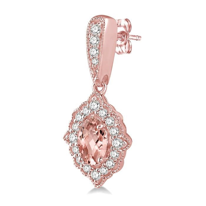 5x3 MM Oval Shape Morganite and 1/4 Ctw Round Cut Diamond Semi-Precious Earrings in 10K Rose Gold