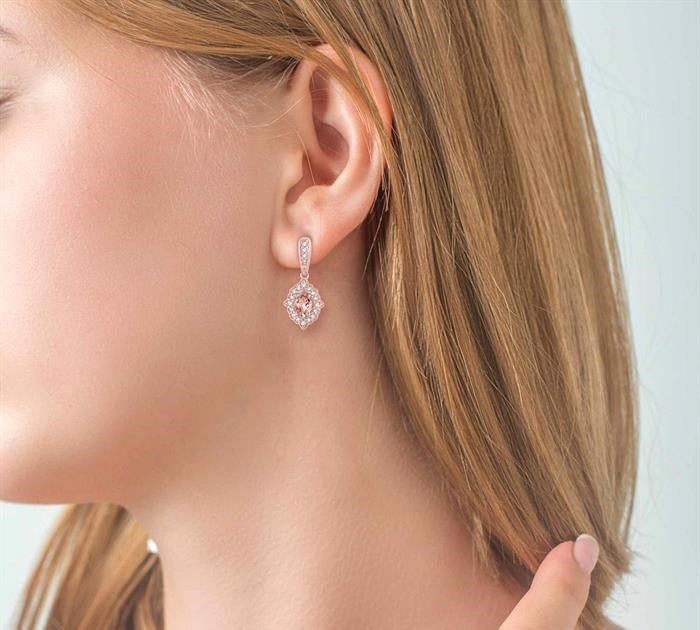 5x3 MM Oval Shape Morganite and 1/4 Ctw Round Cut Diamond Semi-Precious Earrings in 10K Rose Gold