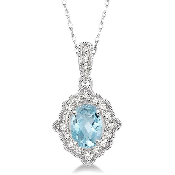 6x4 MM Ethnic Oval Cut Aquamarine and 1/6 Ctw Round Cut Diamond Semi-Precious Pendant in 10K White Gold with chain