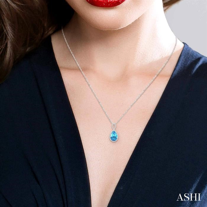 12x8 MM Entwined Pear Cut Blue Topaz and 1/4 Ctw Round Cut Diamond Semi-Precious Pendant in 10K White Gold with chain