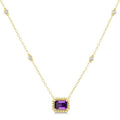 7X5 MM Octagon Cut Amethyst and 1/10 Ctw Round Cut Diamond Semi-Precious Beaded Station Necklace in 10K Yellow Gold
