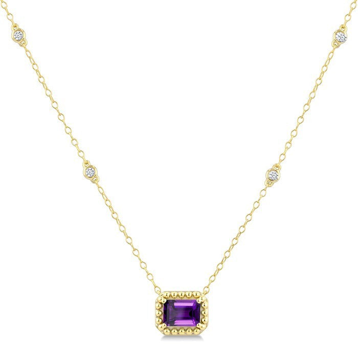 7X5 MM Octagon Cut Amethyst and 1/10 Ctw Round Cut Diamond Semi-Precious Beaded Station Necklace in 10K Yellow Gold