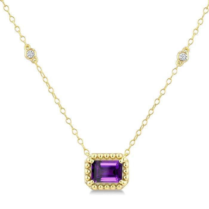 7X5 MM Octagon Cut Amethyst and 1/10 Ctw Round Cut Diamond Semi-Precious Beaded Station Necklace in 10K Yellow Gold