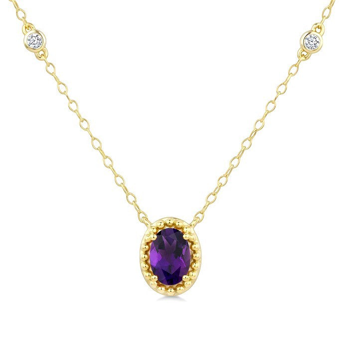 7X5 MM Oval Cut Amethyst and 1/10 Ctw Round Cut Diamond Bead Bijoux Semi-Precious Station Necklace in 10K Yellow Gold