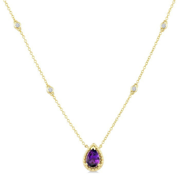 7X5 MM Pear Cut Amethyst and 1/10 Ctw Round Cut Diamond Semi-Precious Station Necklace in 10K Yellow Gold