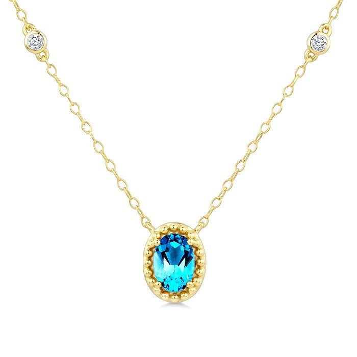 7X5 MM Oval Cut Blue Topaz and 1/10 Ctw Round Cut Diamond Bead Bijoux Semi-Precious Station Necklace in 10K Yellow Gold