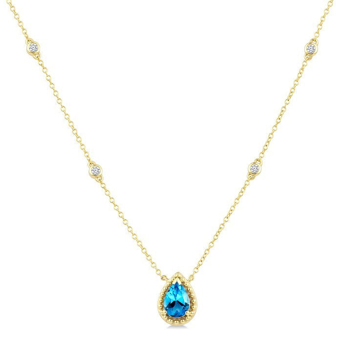 7X5 MM Pear Cut Blue Topaz and 1/10 Ctw Round Cut Diamond Semi-Precious Station Necklace in 10K Yellow Gold