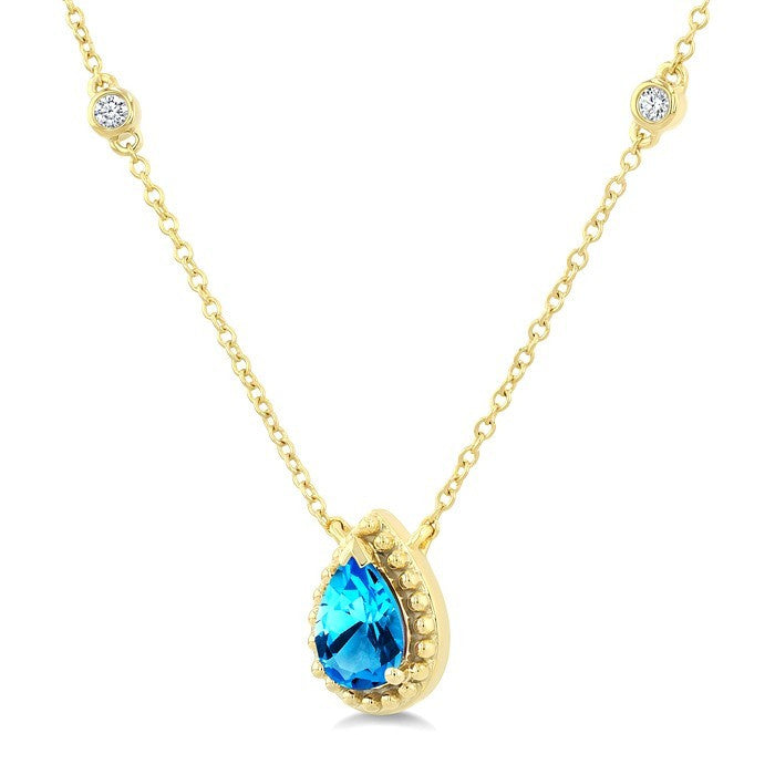 7X5 MM Pear Cut Blue Topaz and 1/10 Ctw Round Cut Diamond Semi-Precious Station Necklace in 10K Yellow Gold