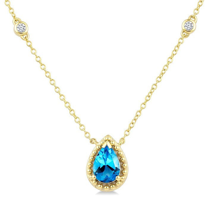 7X5 MM Pear Cut Blue Topaz and 1/10 Ctw Round Cut Diamond Semi-Precious Station Necklace in 10K Yellow Gold
