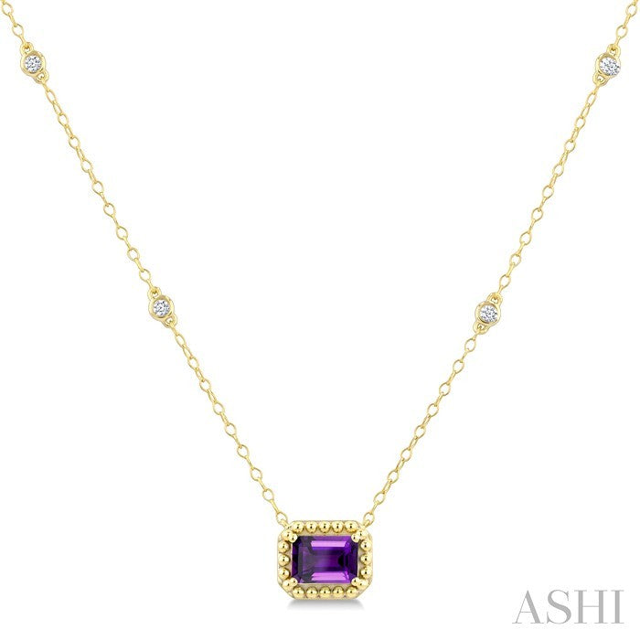 7X5 MM Octagon Cut Amethyst and 1/10 Ctw Round Cut Diamond Semi-Precious Beaded Station Necklace in 10K Yellow Gold