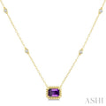 7X5 MM Octagon Cut Amethyst and 1/10 Ctw Round Cut Diamond Semi-Precious Beaded Station Necklace in 10K Yellow Gold