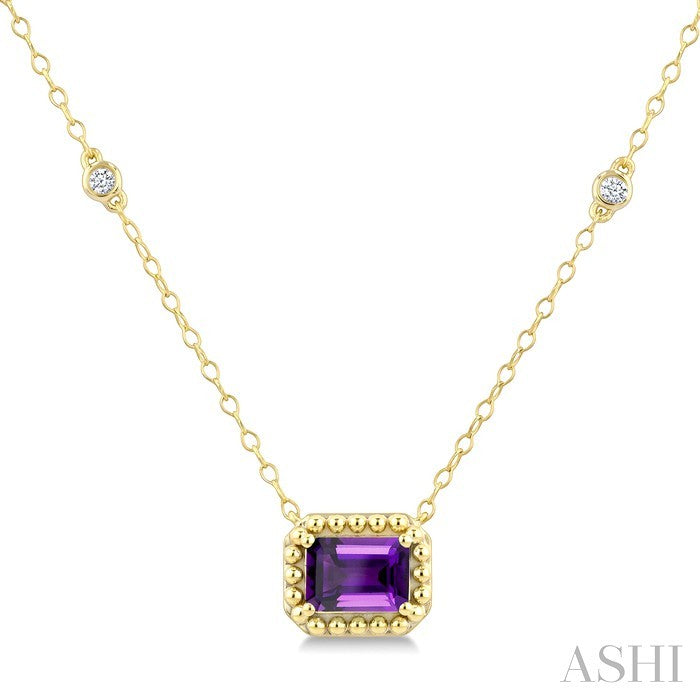 7X5 MM Octagon Cut Amethyst and 1/10 Ctw Round Cut Diamond Semi-Precious Beaded Station Necklace in 10K Yellow Gold