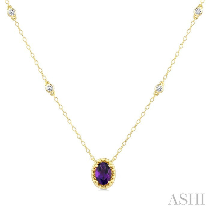 7X5 MM Oval Cut Amethyst and 1/10 Ctw Round Cut Diamond Bead Bijoux Semi-Precious Station Necklace in 10K Yellow Gold