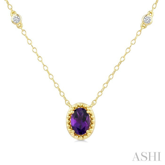7X5 MM Oval Cut Amethyst and 1/10 Ctw Round Cut Diamond Bead Bijoux Semi-Precious Station Necklace in 10K Yellow Gold