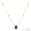 7X5 MM Pear Cut Amethyst and 1/10 Ctw Round Cut Diamond Semi-Precious Station Necklace in 10K Yellow Gold