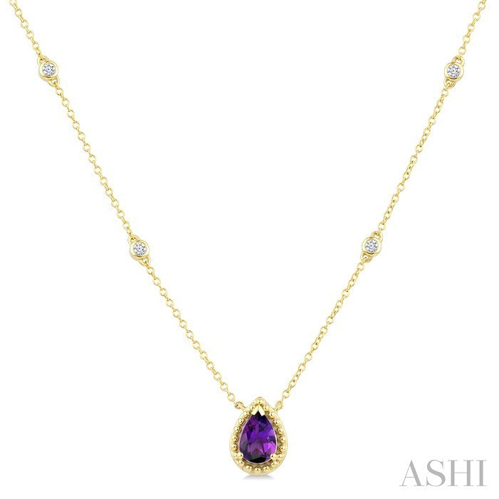 7X5 MM Pear Cut Amethyst and 1/10 Ctw Round Cut Diamond Semi-Precious Station Necklace in 10K Yellow Gold