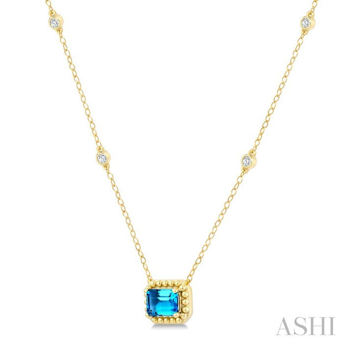 7X5 MM Octagon Cut Blue Topaz and 1/10 Ctw Round Cut Diamond Semi-Precious Beaded Station Necklace in 10K Yellow Gold