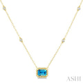 7X5 MM Octagon Cut Blue Topaz and 1/10 Ctw Round Cut Diamond Semi-Precious Beaded Station Necklace in 10K Yellow Gold