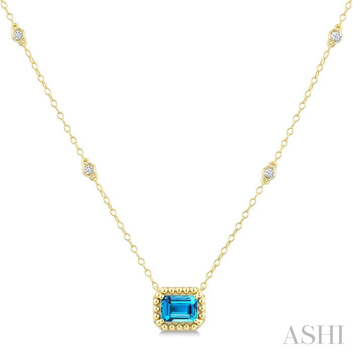 7X5 MM Octagon Cut Blue Topaz and 1/10 Ctw Round Cut Diamond Semi-Precious Beaded Station Necklace in 10K Yellow Gold