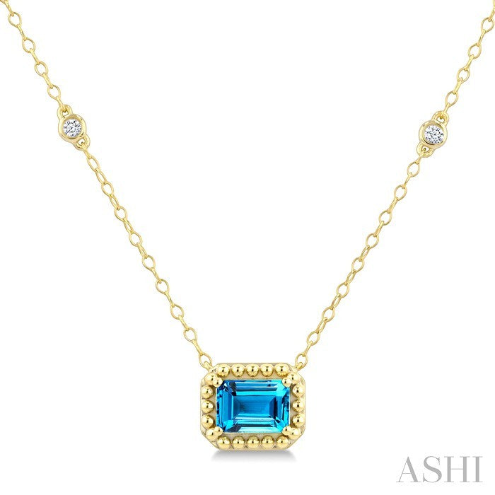 7X5 MM Octagon Cut Blue Topaz and 1/10 Ctw Round Cut Diamond Semi-Precious Beaded Station Necklace in 10K Yellow Gold