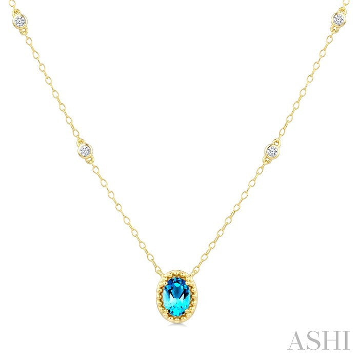 7X5 MM Oval Cut Blue Topaz and 1/10 Ctw Round Cut Diamond Bead Bijoux Semi-Precious Station Necklace in 10K Yellow Gold