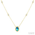 7X5 MM Oval Cut Blue Topaz and 1/10 Ctw Round Cut Diamond Bead Bijoux Semi-Precious Station Necklace in 10K Yellow Gold